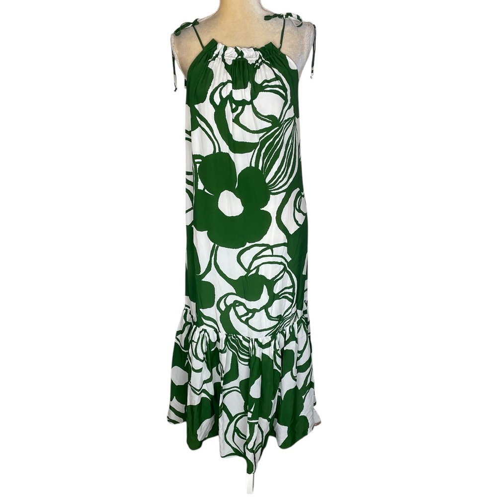 LaRoque Green White Floral Tie Straps Tiered Sleeveless Silk Maxi‎ Dress Medium